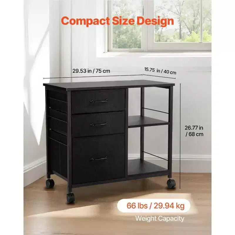 VIYET Mobile Metal File Cabinet,3 Fabric Drawers 2 Open Shelves, Wooden Accent, Wheels, Fits Letter/A4/Legal, Easy Assembly, Black