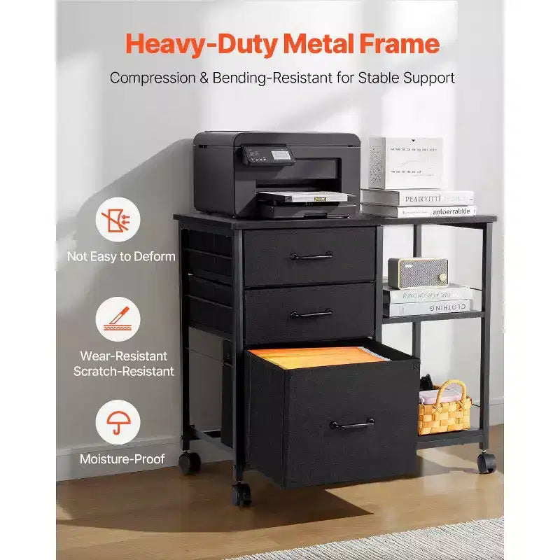 VIYET Mobile Metal File Cabinet,3 Fabric Drawers 2 Open Shelves, Wooden Accent, Wheels, Fits Letter/A4/Legal, Easy Assembly, Black
