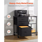 VIYET Mobile Metal File Cabinet,3 Fabric Drawers 2 Open Shelves, Wooden Accent, Wheels, Fits Letter/A4/Legal, Easy Assembly, Black