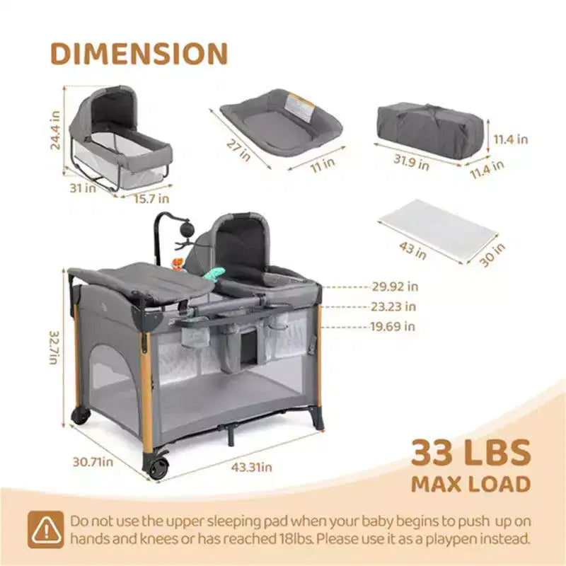 Karl Home 7 In 1 Bassinet Bedside Crib All In One Nursery Center in Gray With Changing Table