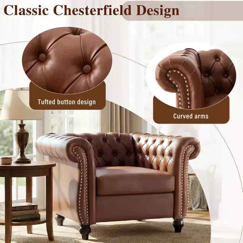 Poltrona Chesterfield Zeus e Ruta con braccioli arrotolati, finiture con borchie e gambe in legno massello