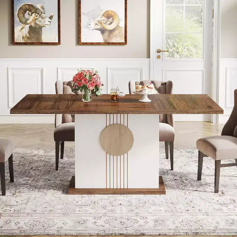 Lantine 55 Rectangular Dining Table for 4-6 People, Farmhouse Wood Dinner Table for Kitchen, Dining Room & Living Room, Oak Brown & White