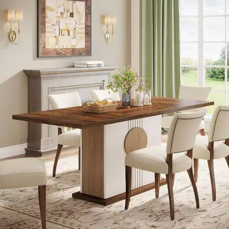 Lantine 55 Rectangular Dining Table for 4-6 People, Farmhouse Wood Dinner Table for Kitchen, Dining Room & Living Room, Oak Brown & White