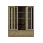 Hitow 63W Rustic Oak Kitchen Pantry Cabinet with Sliding Glass Doors & 2 Large Drawers  Tall Storage Hutch for Dining Room