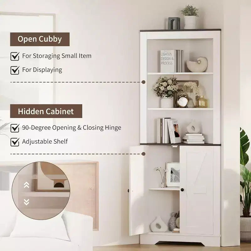 Corner Storage Cabinet Farmhouse Style, Small Floor Corner Cabinet with Door & Adjustable Shelf, Narrow Organizer for Bathroom, Pantry, Living Room