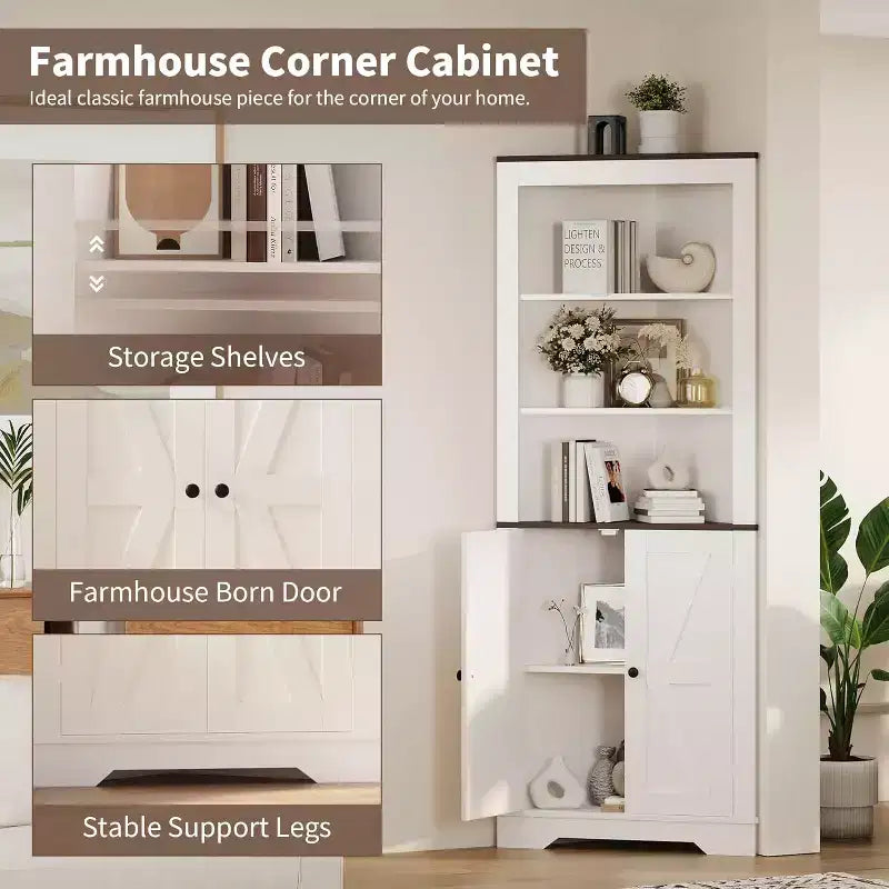 Corner Storage Cabinet Farmhouse Style, Small Floor Corner Cabinet with Door & Adjustable Shelf, Narrow Organizer for Bathroom, Pantry, Living Room