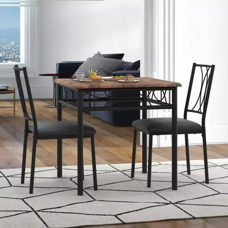 3-Piece Dining Room Table Set for 2, Industrial Wooden Kitchen Table and 2 PU Leather Padded Chairs with Metal Frame for Small Space, Apartment