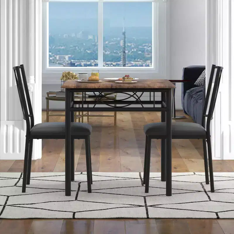 3-Piece Dining Room Table Set for 2, Industrial Wooden Kitchen Table and 2 PU Leather Padded Chairs with Metal Frame for Small Space, Apartment