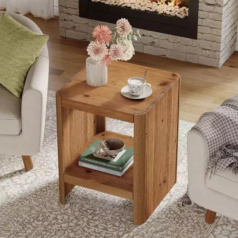 Lantine Solid Wood End Table, 2-Tier Small Side Table with Open Storage Shelf for Living Room, Small Spaces, Easy Assembly