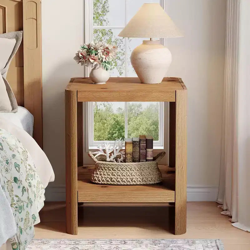 Lantine Solid Wood End Table, 2-Tier Small Side Table with Open Storage Shelf for Living Room, Small Spaces, Easy Assembly