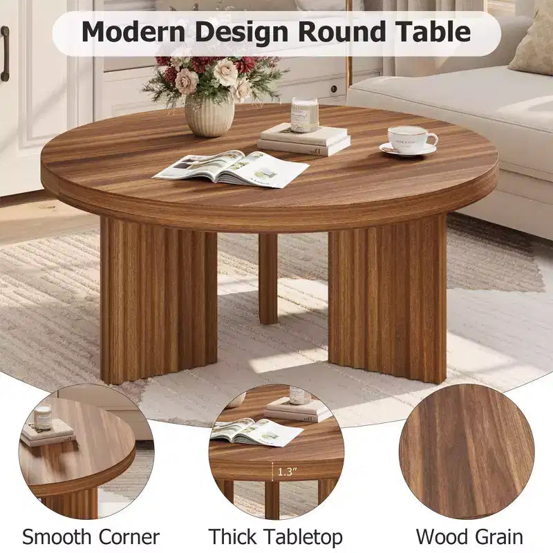 COZONY 33.4 Inch Small Round Coffee Table with Thick Top Fluted Legs Accent Center Table for Living Room Bedroom, Easy Assembly