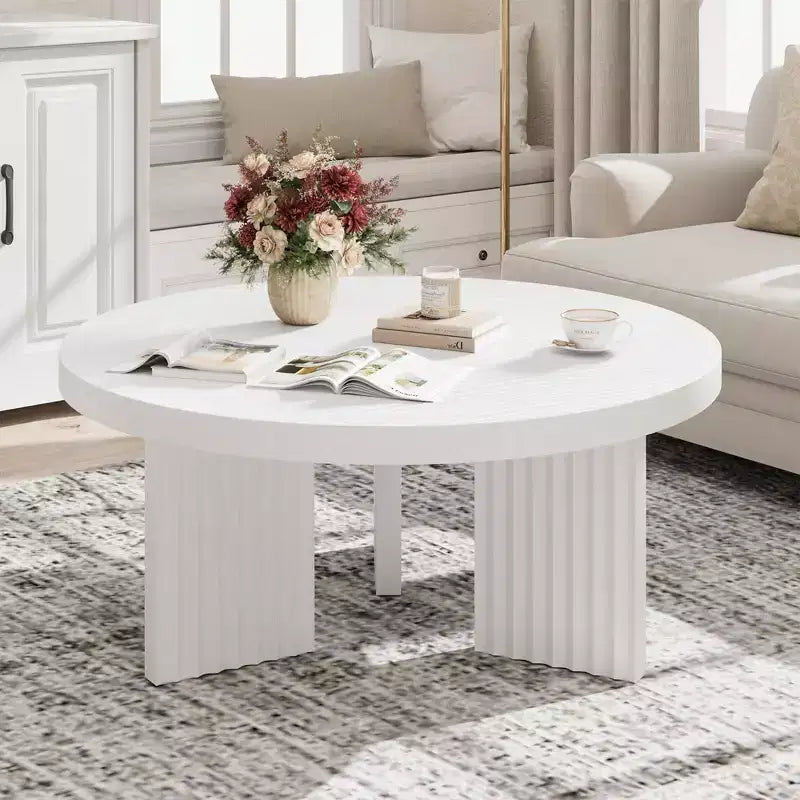 COZONY 33.4 Inch Small Round Coffee Table with Thick Top Fluted Legs Accent Center Table for Living Room Bedroom, Easy Assembly