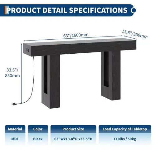 63 Inch Console Table with Power Outlet, Extra Long Sofa Table with USB & Type c Ports, Narrow Entryway Table for Hallway,Foyer Table for Living Room