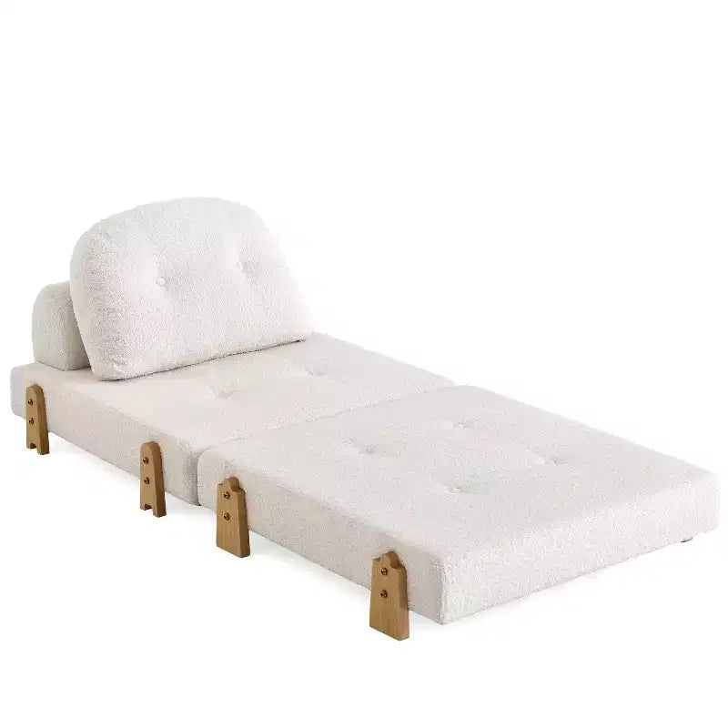 ModernLuxe Convertible Sofa Bed with Teddy Fabric, Tufted Folding Floor Ottoman Chair with Pillow and Solid Wood Legs, Beige