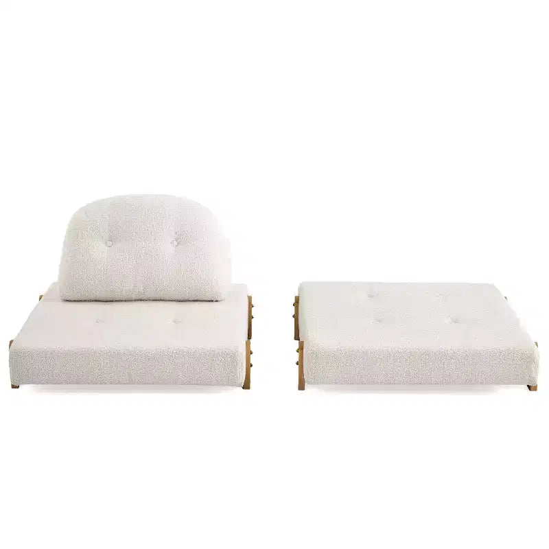 ModernLuxe Convertible Sofa Bed with Teddy Fabric, Tufted Folding Floor Ottoman Chair with Pillow and Solid Wood Legs, Beige