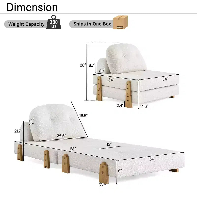 ModernLuxe Convertible Sofa Bed with Teddy Fabric, Tufted Folding Floor Ottoman Chair with Pillow and Solid Wood Legs, Beige