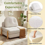 ModernLuxe Convertible Sofa Bed with Teddy Fabric, Tufted Folding Floor Ottoman Chair with Pillow and Solid Wood Legs, Beige