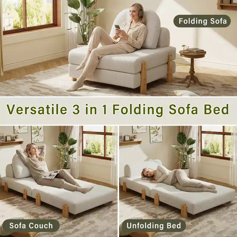 ModernLuxe Convertible Sofa Bed with Teddy Fabric, Tufted Folding Floor Ottoman Chair with Pillow and Solid Wood Legs, Beige