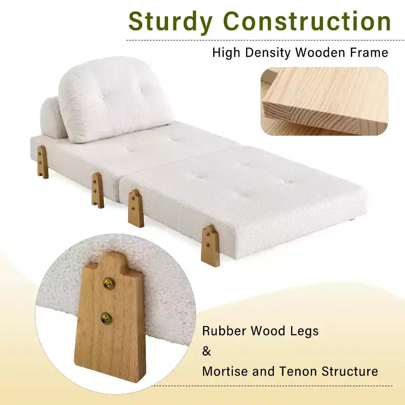 ModernLuxe Convertible Sofa Bed with Teddy Fabric, Tufted Folding Floor Ottoman Chair with Pillow and Solid Wood Legs, Beige