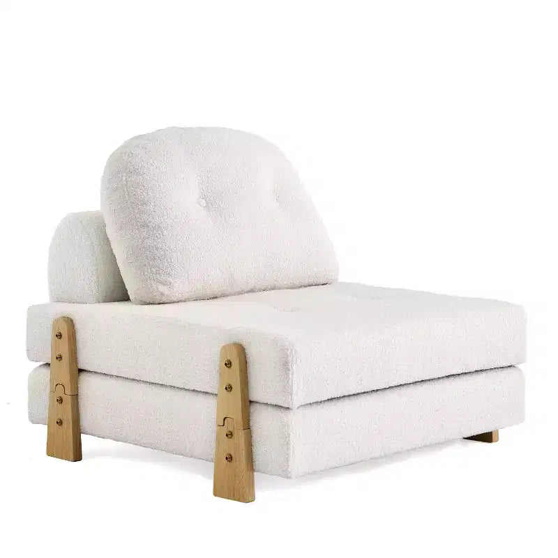 ModernLuxe Convertible Sofa Bed with Teddy Fabric, Tufted Folding Floor Ottoman Chair with Pillow and Solid Wood Legs, Beige