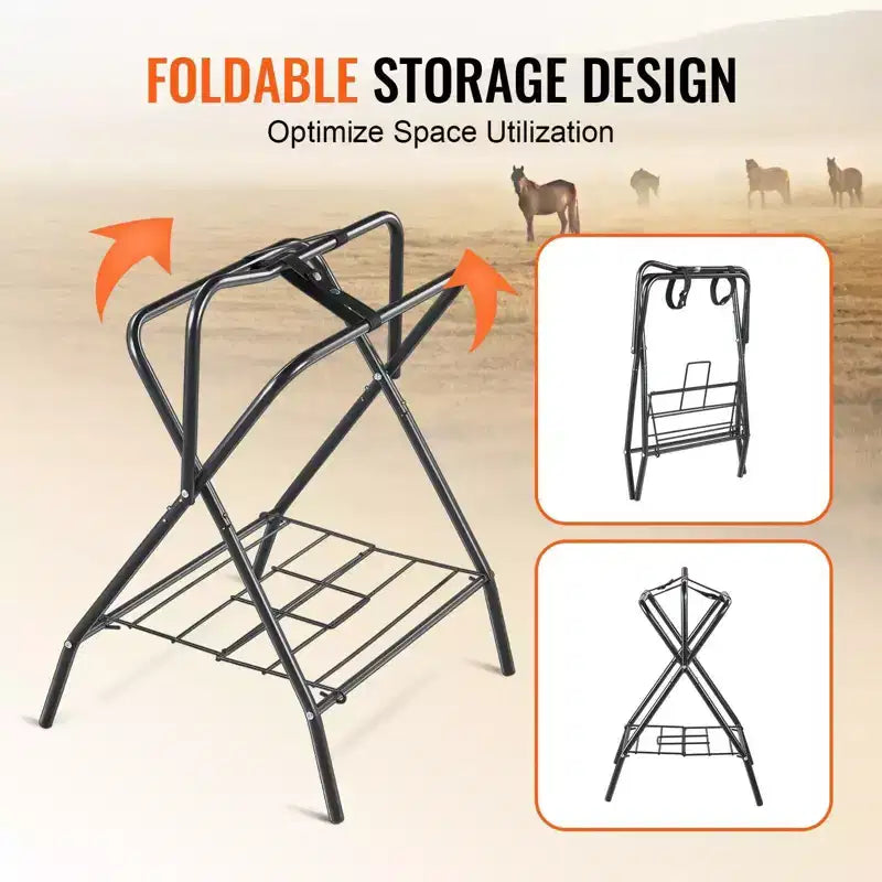 VIYET 31.5 2-Pack Folding Saddle Rack, Heavy-Duty Steel Freestanding, Portable Blanket Holder for English/Western Saddles Tack Storage, Black