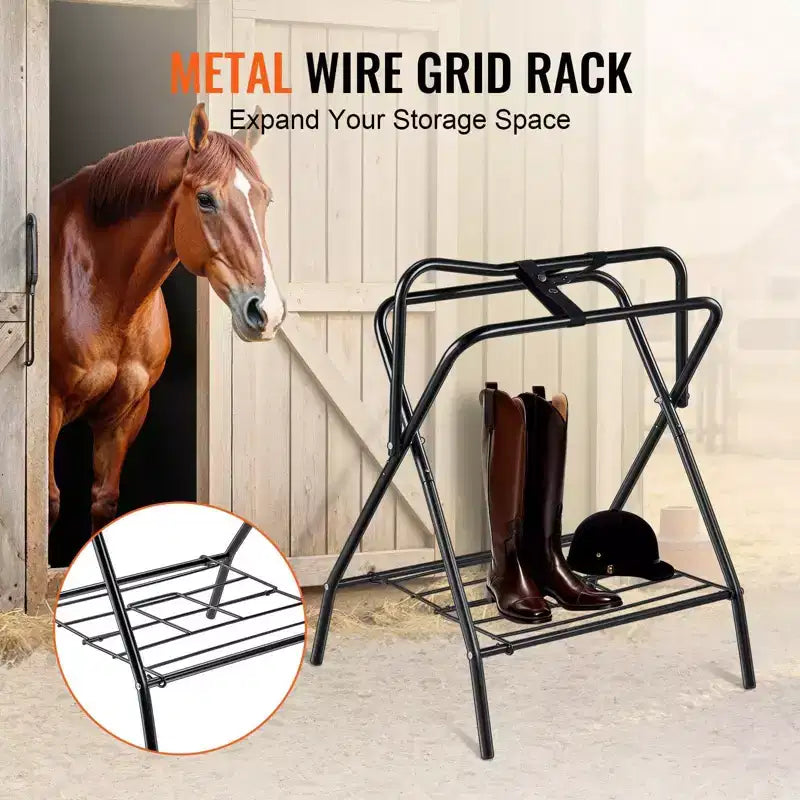 VIYET 31.5 2-Pack Folding Saddle Rack, Heavy-Duty Steel Freestanding, Portable Blanket Holder for English/Western Saddles Tack Storage, Black