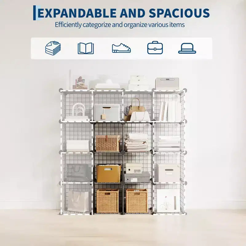 Modular 6-Cube Wire Grid Storage Organizer, Metal Closet Shelving Unit Cubes, Open Storage Cabinetfor Entryway, Bedroom, Living Room, Office
