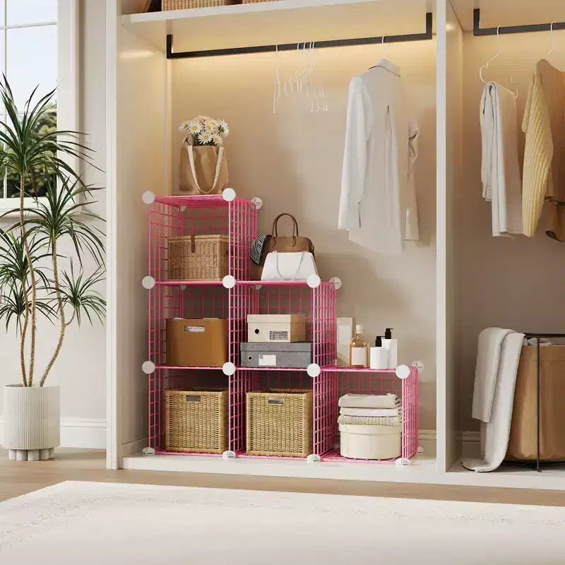 Modular 6-Cube Wire Grid Storage Organizer, Metal Closet Shelving Unit Cubes, Open Storage Cabinetfor Entryway, Bedroom, Living Room, Office