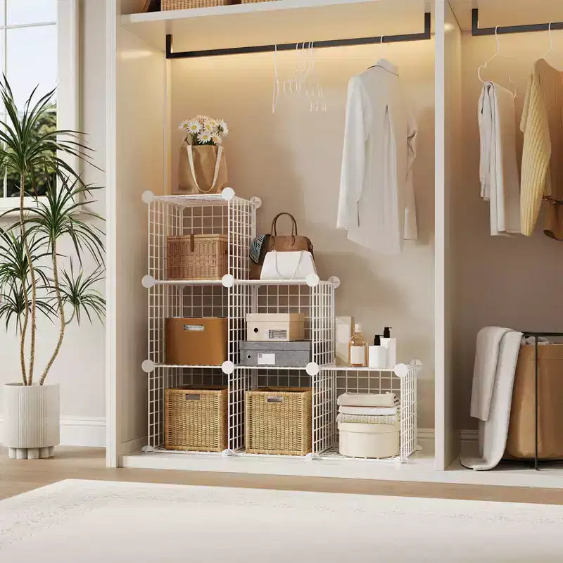 Modular 6-Cube Wire Grid Storage Organizer, Metal Closet Shelving Unit Cubes, Open Storage Cabinetfor Entryway, Bedroom, Living Room, Office