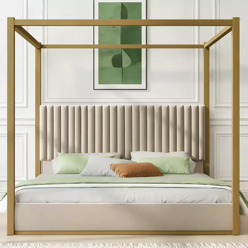 Letto a baldacchino moderno Luxystar King Size con testiera imbottita e struttura in metallo