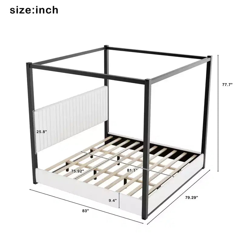 Letto a baldacchino moderno Luxystar King Size con testiera imbottita e struttura in metallo