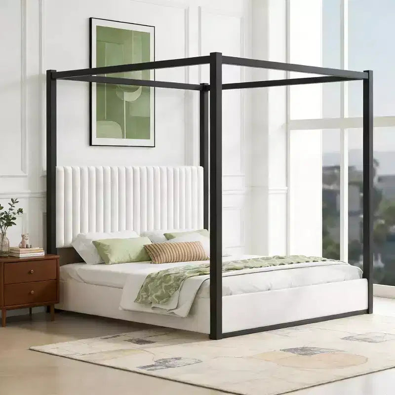 Luxystar King Size Modern Canopy Platform Bed with Upholsted Headboard and Metal Frame