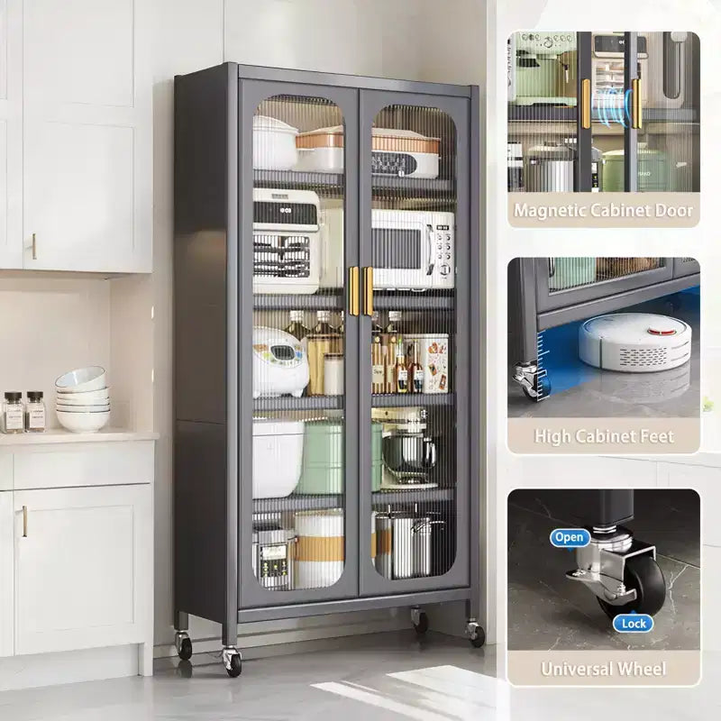 65 Kitchen Pantry Storage Cabinet, 6 Tier Metal Display Storage Cabinet with Transparent Door, for Kitchen, Living Room and Dining Room, Gray