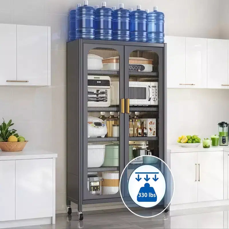 65 Kitchen Pantry Storage Cabinet, 6 Tier Metal Display Storage Cabinet with Transparent Door, for Kitchen, Living Room and Dining Room, Gray