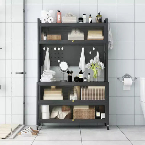 65 Tall Kitchen Bakers Rack with Flip Door Cabinet, 5-Tier Microwave Stand, Coffee Bar, Grey
