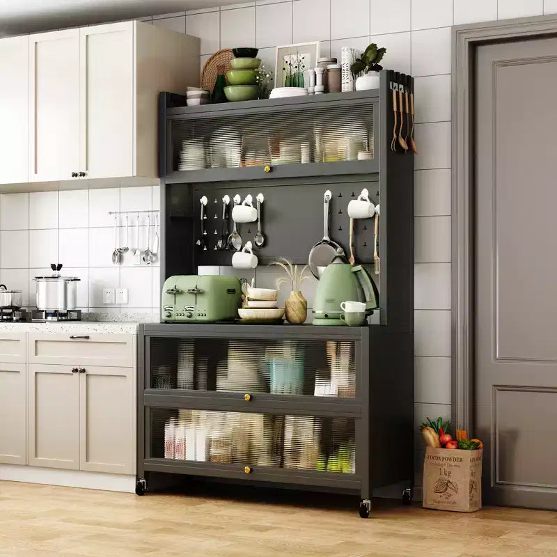 65 Tall Kitchen Bakers Rack with Flip Door Cabinet, 5-Tier Microwave Stand, Coffee Bar, Grey
