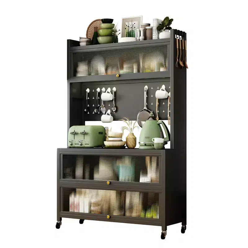 65 Tall Kitchen Bakers Rack with Flip Door Cabinet, 5-Tier Microwave Stand, Coffee Bar, Grey