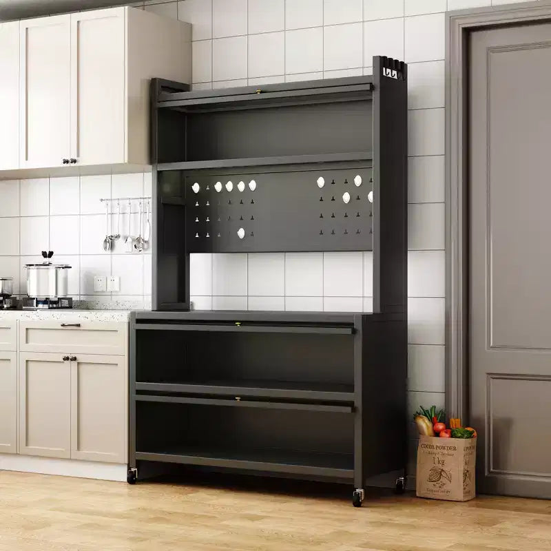 65 Tall Kitchen Bakers Rack with Flip Door Cabinet, 5-Tier Microwave Stand, Coffee Bar, Grey