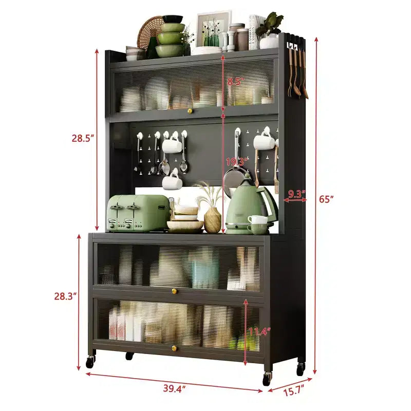 65 Tall Kitchen Bakers Rack with Flip Door Cabinet, 5-Tier Microwave Stand, Coffee Bar, Grey