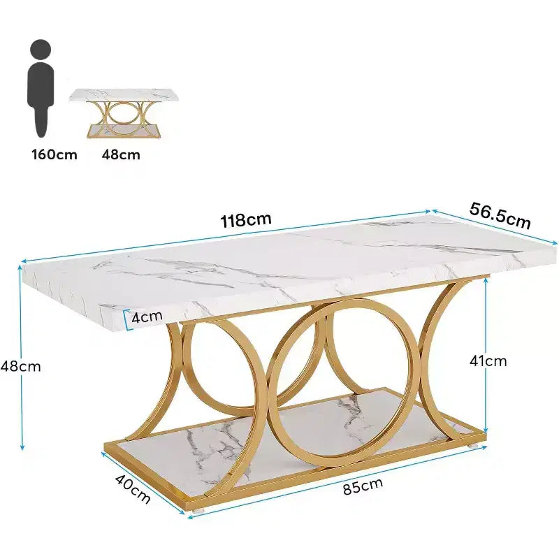 Lantine Tavolino da caffè moderno a 2 ripiani da 118 cm con piano effetto marmo, gambe geometriche, ripiano portaoggetti per soggiorno (bianco e oro)
