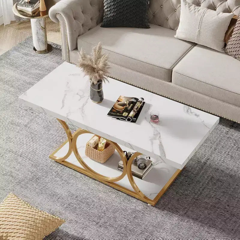 Lantine Tavolino da caffè moderno a 2 ripiani da 118 cm con piano effetto marmo, gambe geometriche, ripiano portaoggetti per soggiorno (bianco e oro)