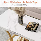 Lantine Tavolino da caffè moderno a 2 ripiani da 118 cm con piano effetto marmo, gambe geometriche, ripiano portaoggetti per soggiorno (bianco e oro)
