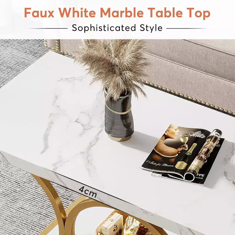 Lantine 46.45-inch Modern 2-Tier Coffee Table with Faux Marble Top, Geometric Legs, Storage Shelf for Living Room (White & Gold)