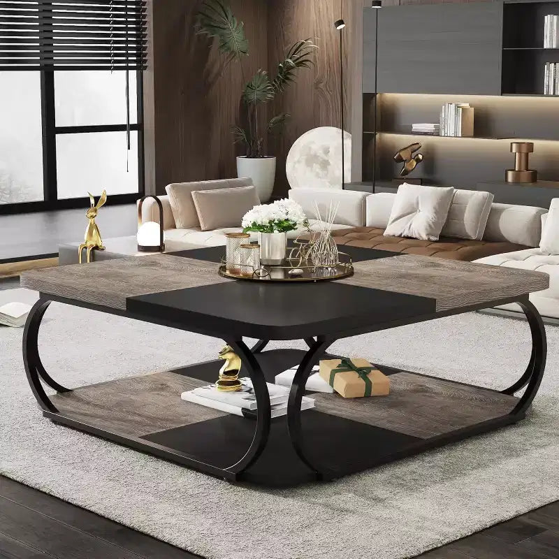 Lantine 39-Inch Coffee Table with Open Storage Shelf, Large Wood Square Low Center Table for Living Room, Home Office, Black Rustic Grey