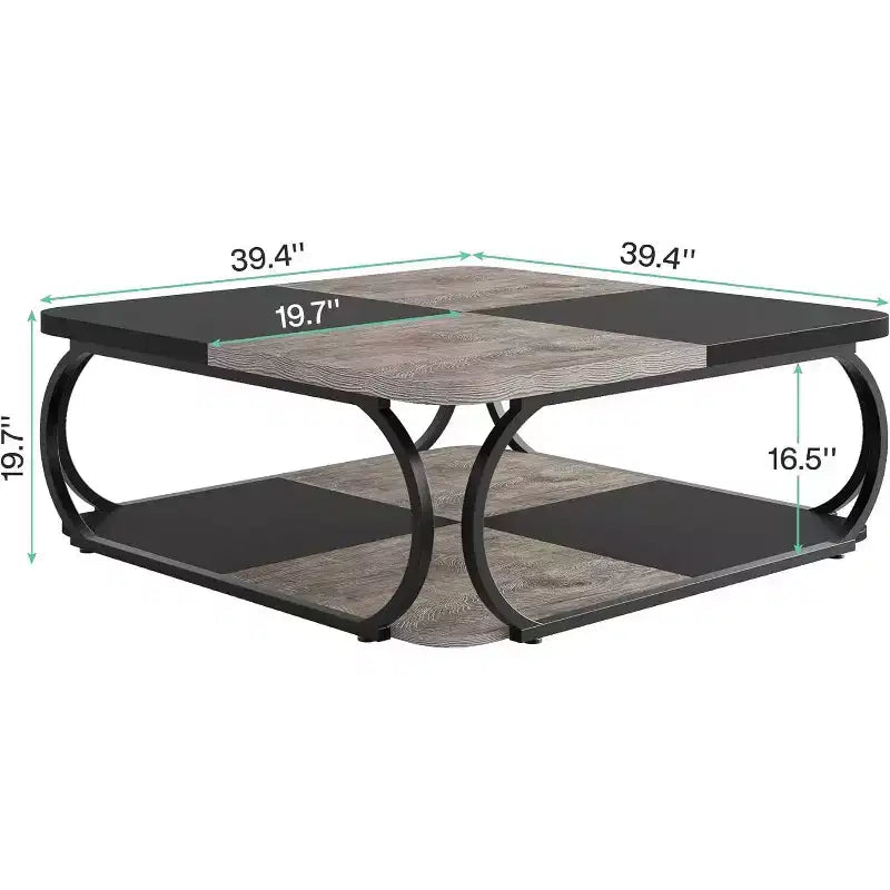 Lantine 39-Inch Coffee Table with Open Storage Shelf, Large Wood Square Low Center Table for Living Room, Home Office, Black Rustic Grey