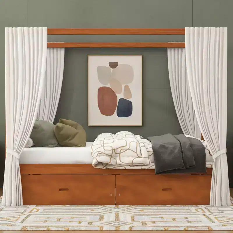Letto a baldacchino rustico in legno Polibi con cassetti portaoggetti
