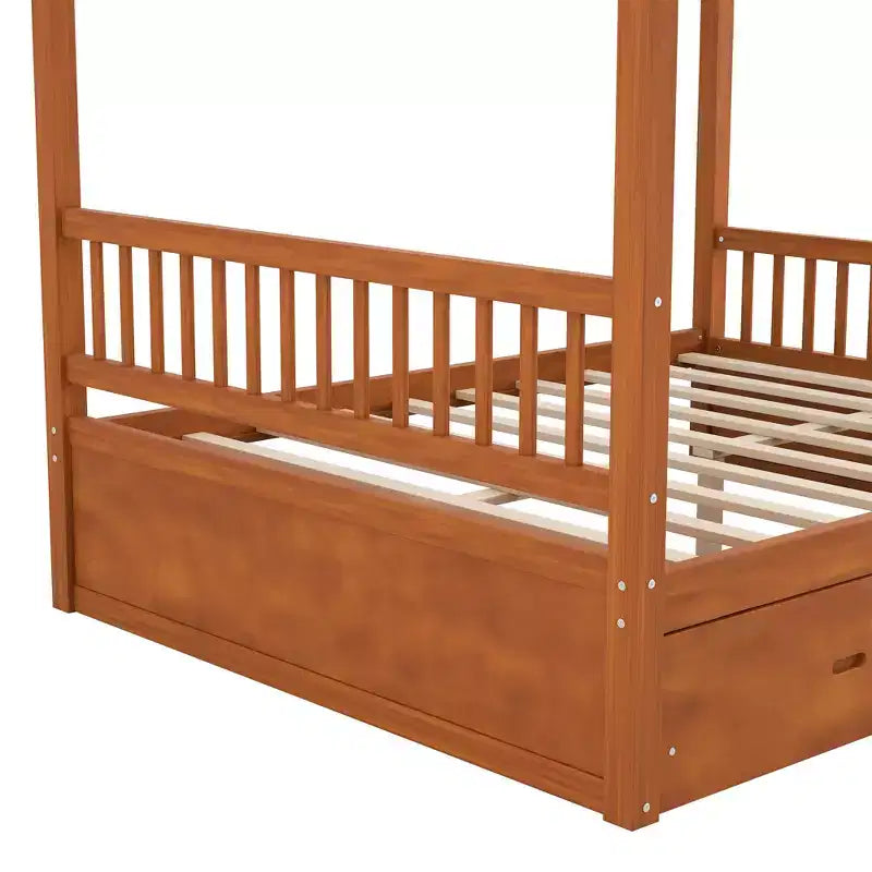 Letto a baldacchino rustico in legno Polibi con cassetti portaoggetti