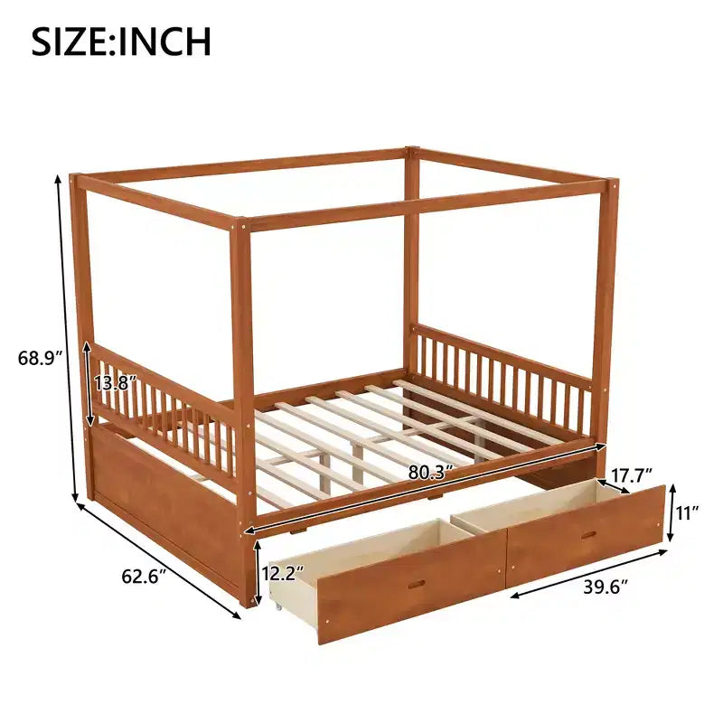 Letto a baldacchino rustico in legno Polibi con cassetti portaoggetti