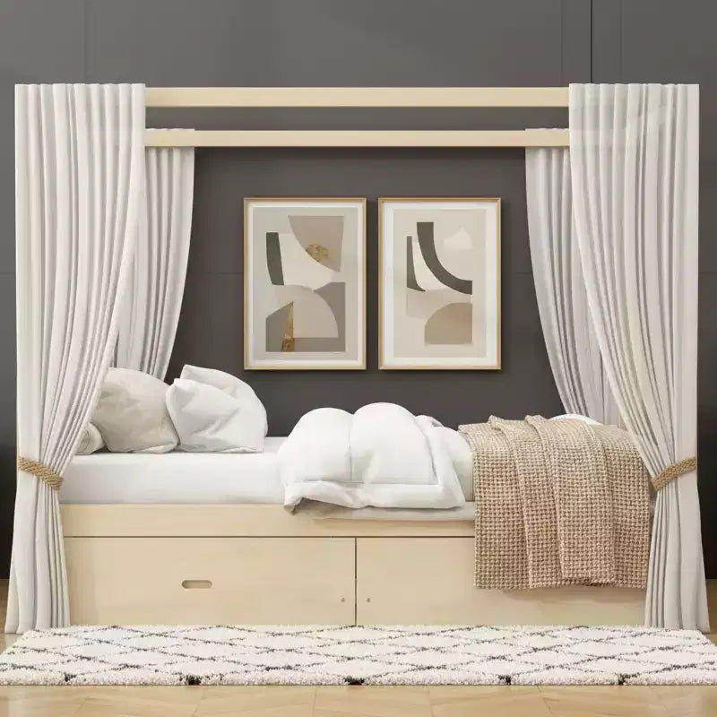 Letto a baldacchino rustico in legno Polibi con cassetti portaoggetti