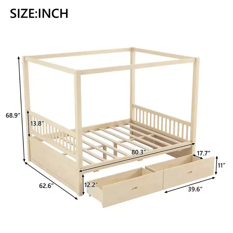 Letto a baldacchino rustico in legno Polibi con cassetti portaoggetti